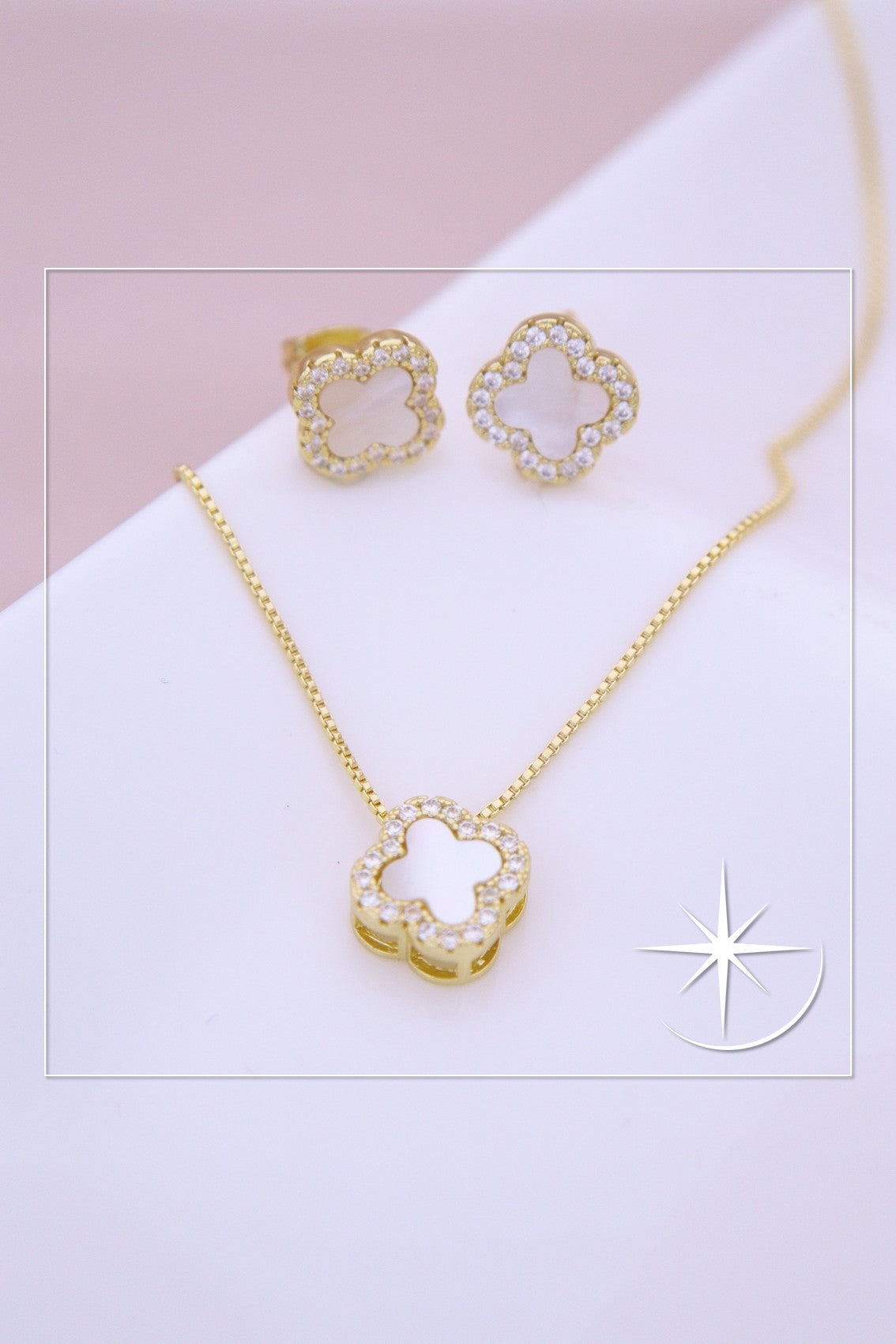 CONJUNTO TRÉBOL NEGRO Y BLANCO RODIO