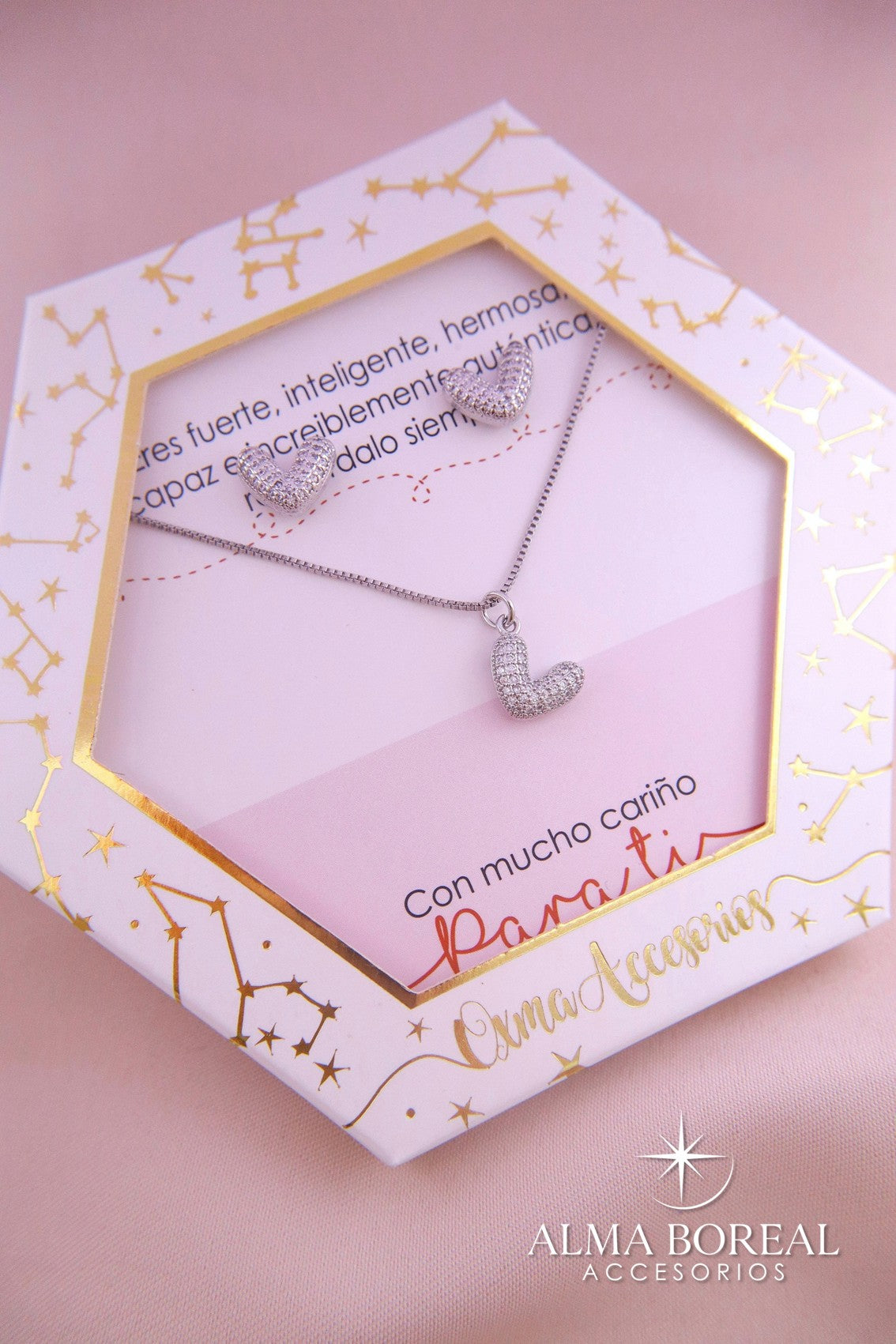 CONJUNTO CORAZÓN PLATEADO RODIO