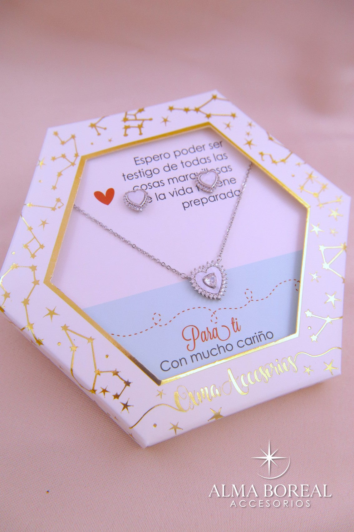 CONJUNTO CORAZÓN DOBLE PLATEADO RODIO
