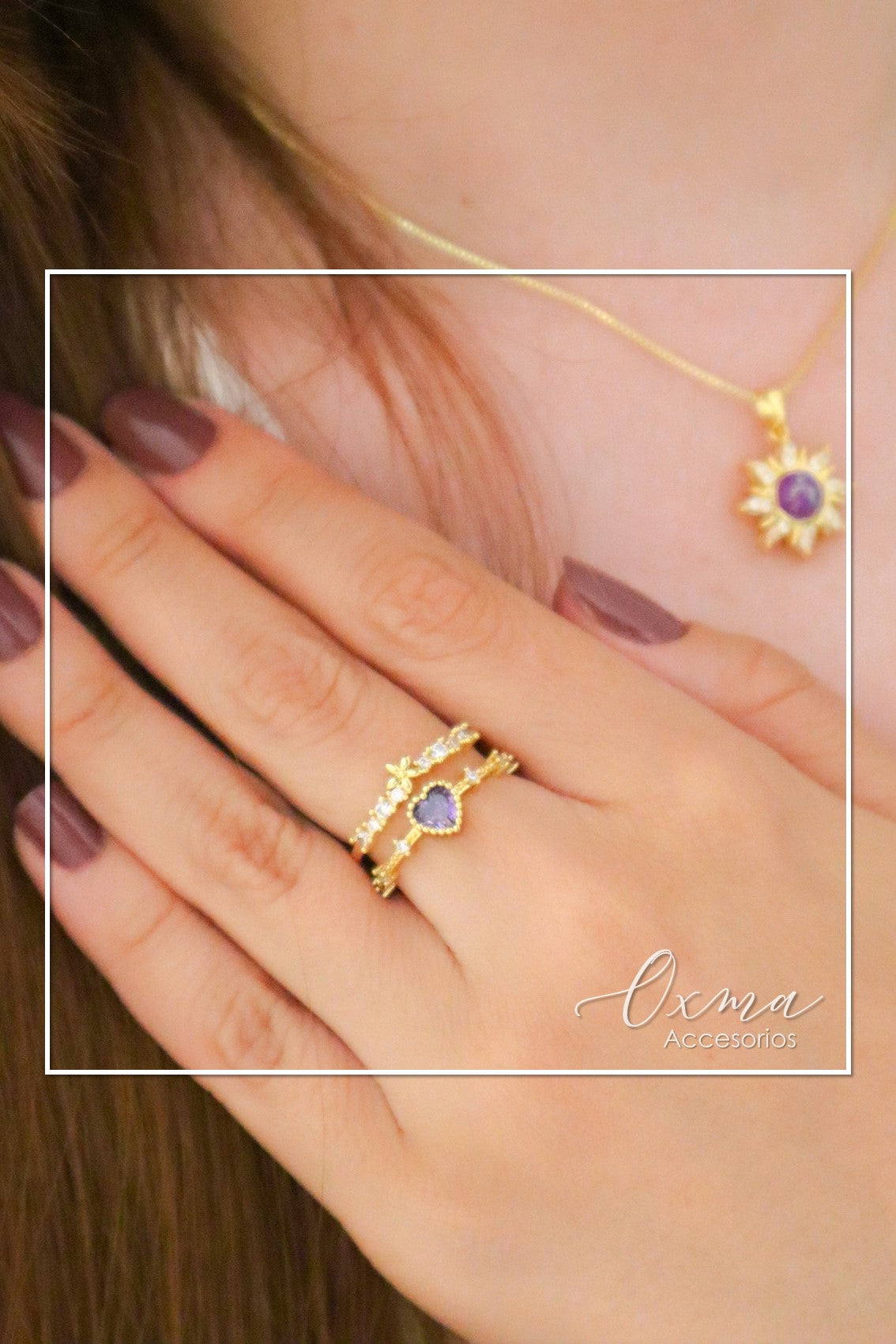 ANILLO DOBLE CORAZÓN LILA