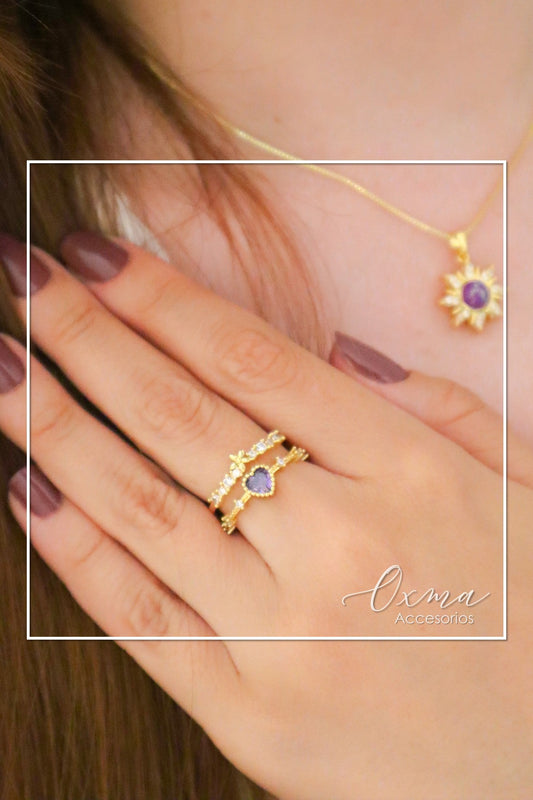 ANILLO DOBLE CORAZÓN LILA