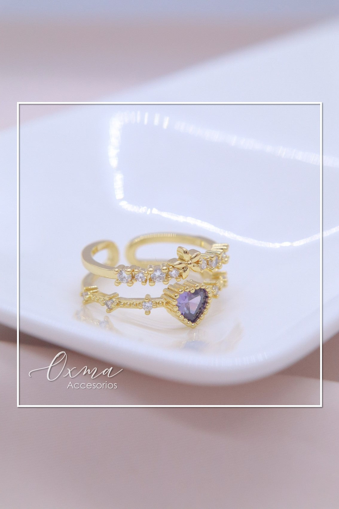 ANILLO DOBLE CORAZÓN LILA