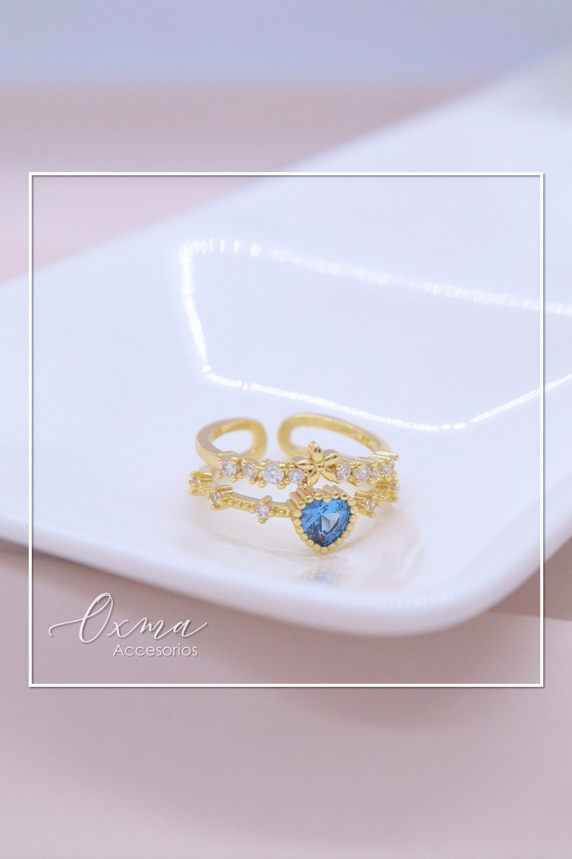 ANILLO DOBLE CORAZÓN AZUL
