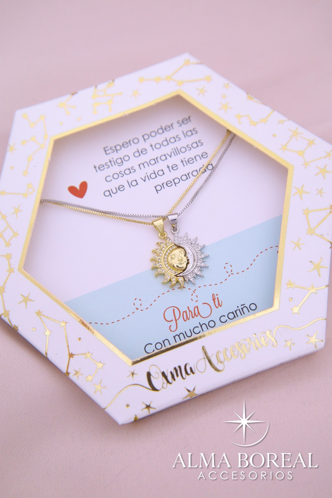 CADENA PARA COMPARTIR SOL &LUNA CON ROSTRO RODIO