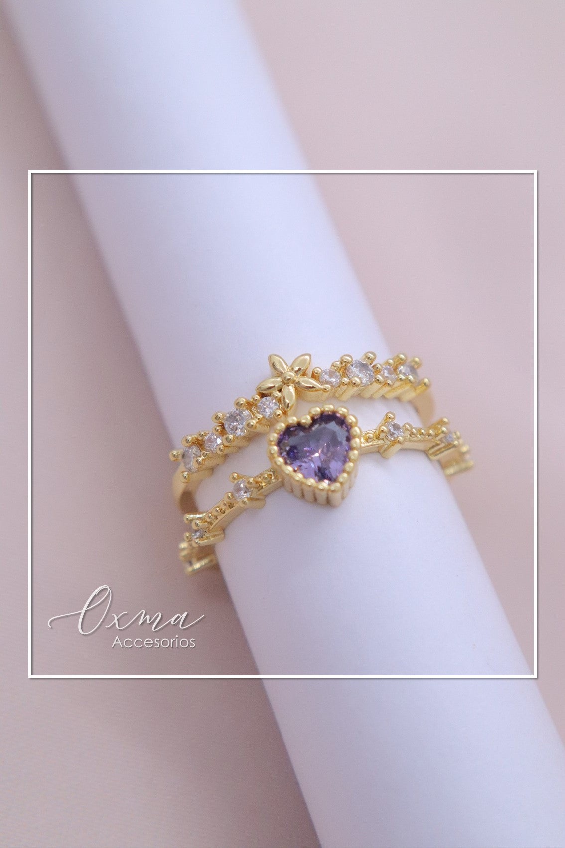 ANILLO DOBLE CORAZÓN LILA