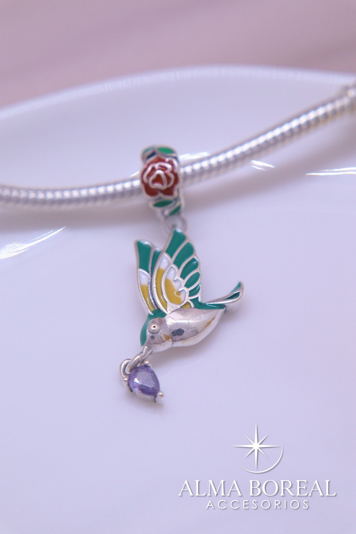 CHARMS ROSA Y COLIBRÍ PLATA LEY 925