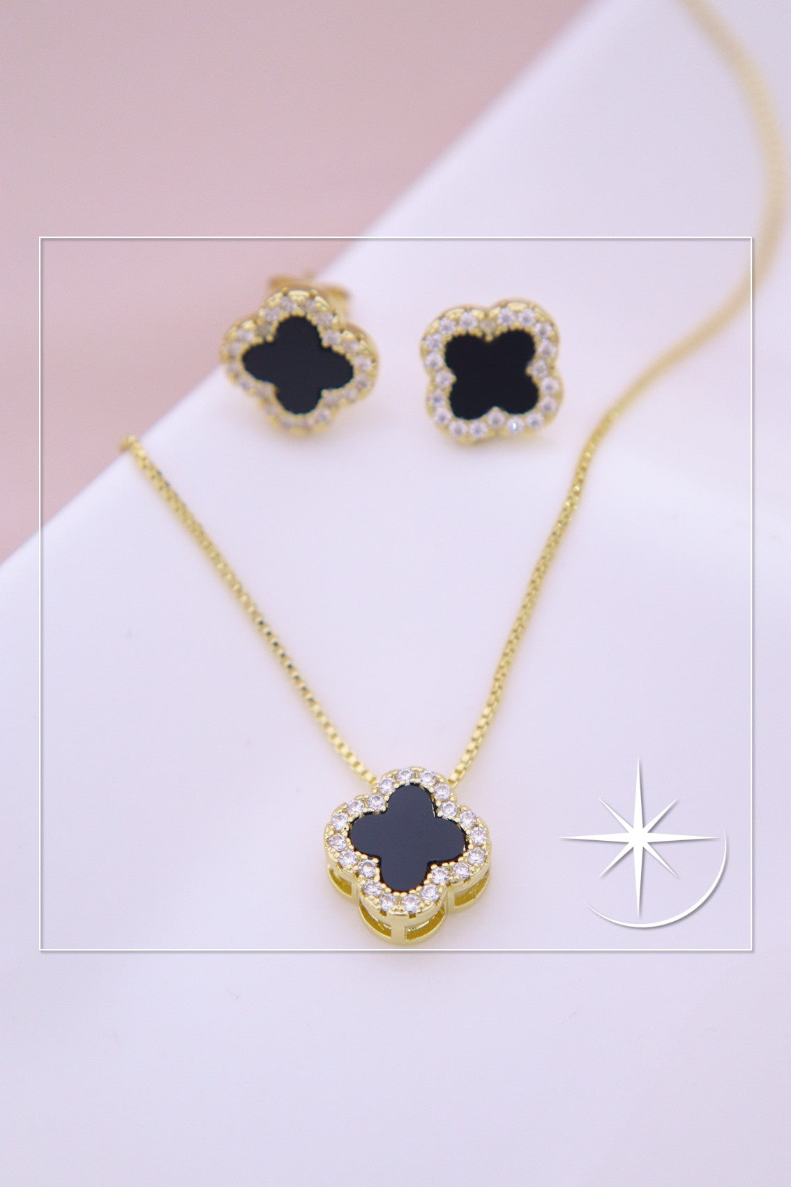 CONJUNTO TRÉBOL NEGRO Y BLANCO RODIO