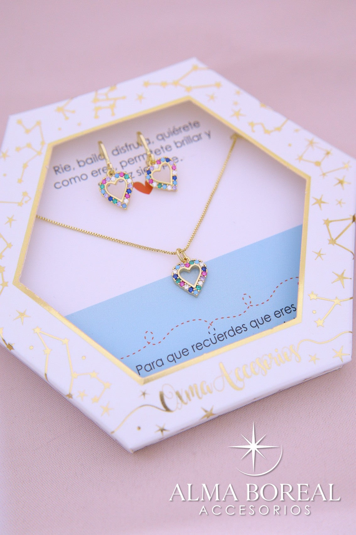 CONJUNTO CORAZÓN ARCOÍRIS RODIO