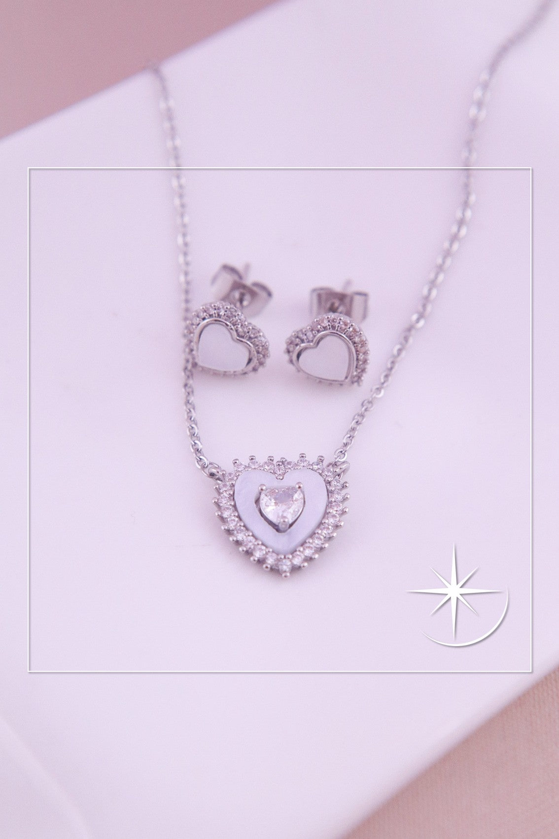 CONJUNTO CORAZÓN DOBLE PLATEADO RODIO