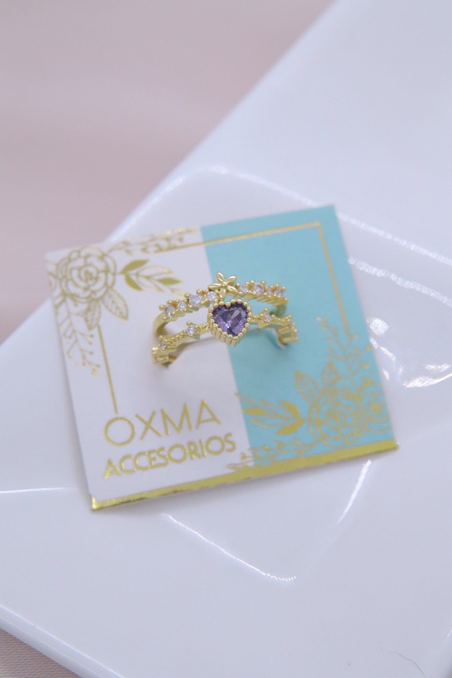 ANILLO DOBLE CORAZÓN LILA