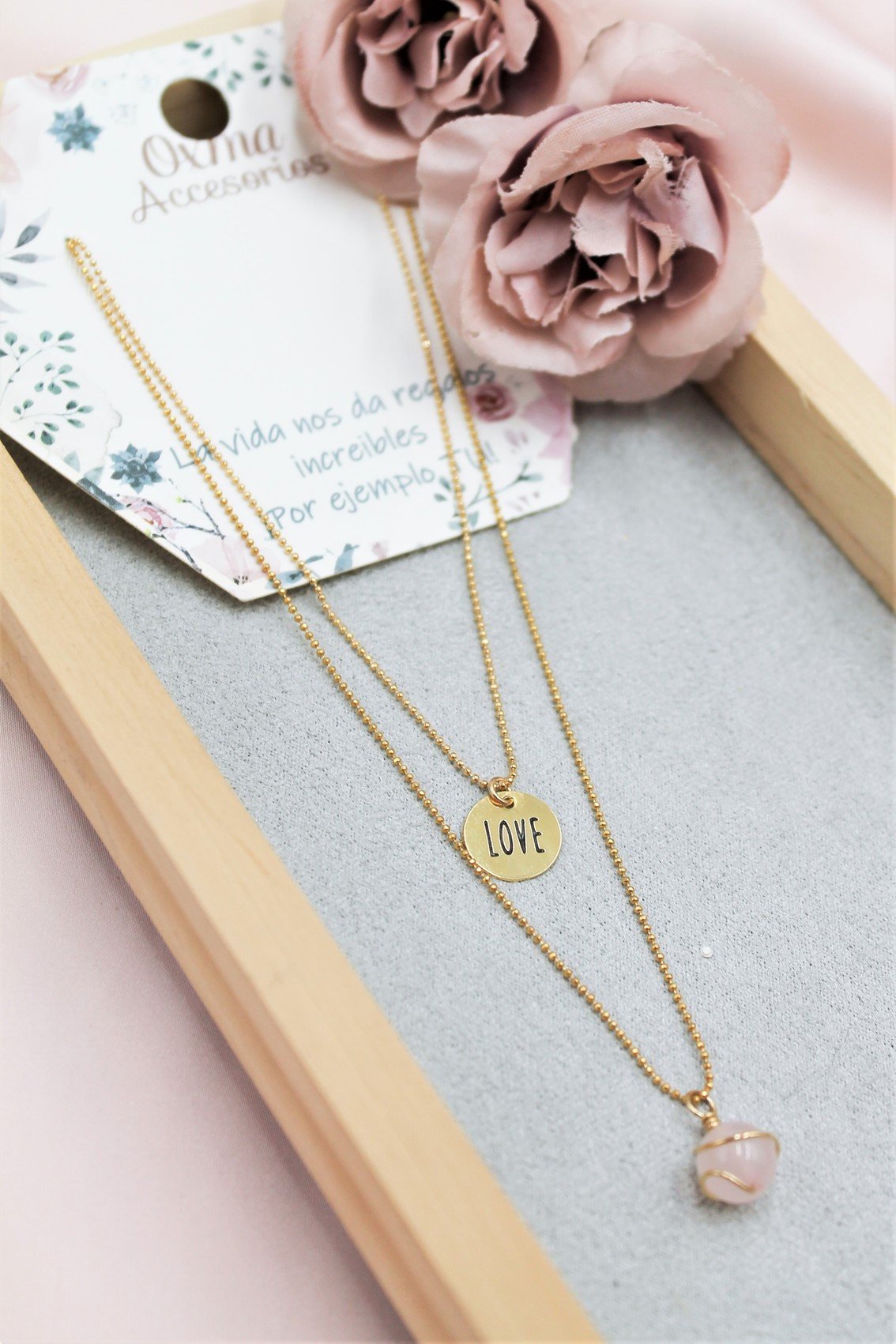 collar doble love-cuarzo rosado