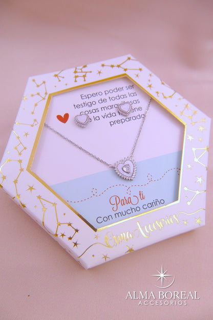 CONJUNTO CORAZÓN DOBLE PLATEADO RODIO