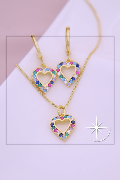 CONJUNTO CORAZÓN ARCOÍRIS RODIO