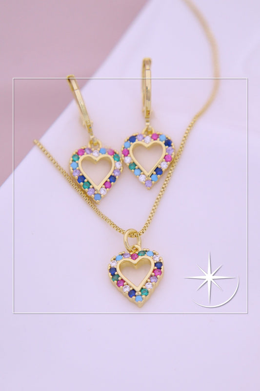 CONJUNTO CORAZÓN ARCOÍRIS RODIO