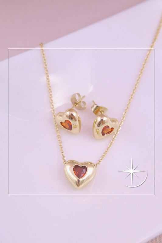 CONJUNTO CORAZÓN TOQUE ROJO RODIO