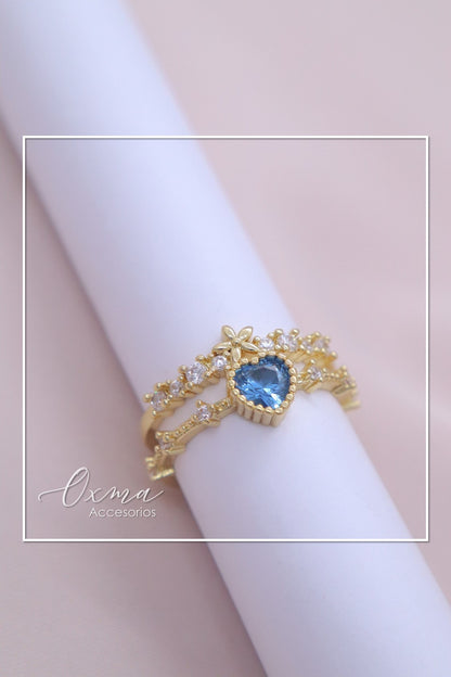 ANILLO DOBLE CORAZÓN AZUL