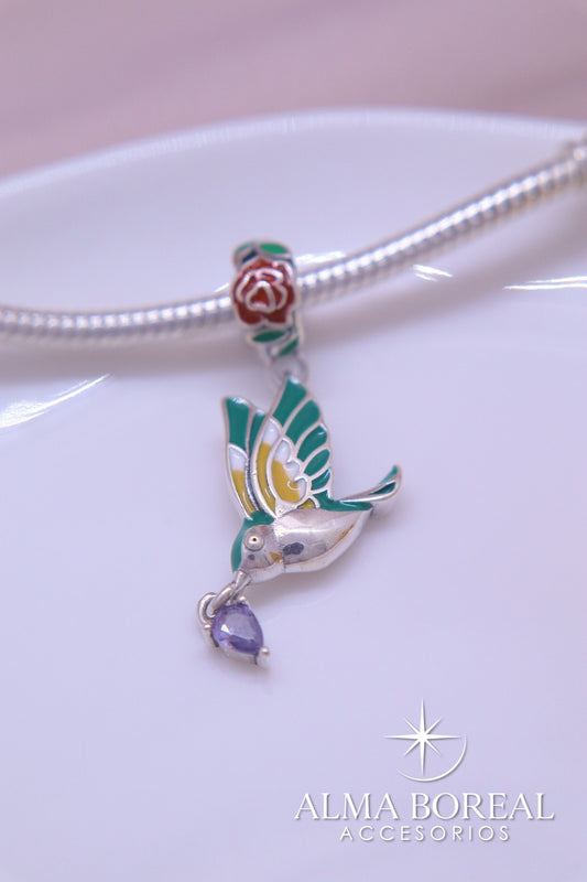 CHARMS ROSA Y COLIBRÍ PLATA LEY 925