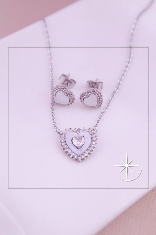 CONJUNTO CORAZÓN DOBLE PLATEADO RODIO