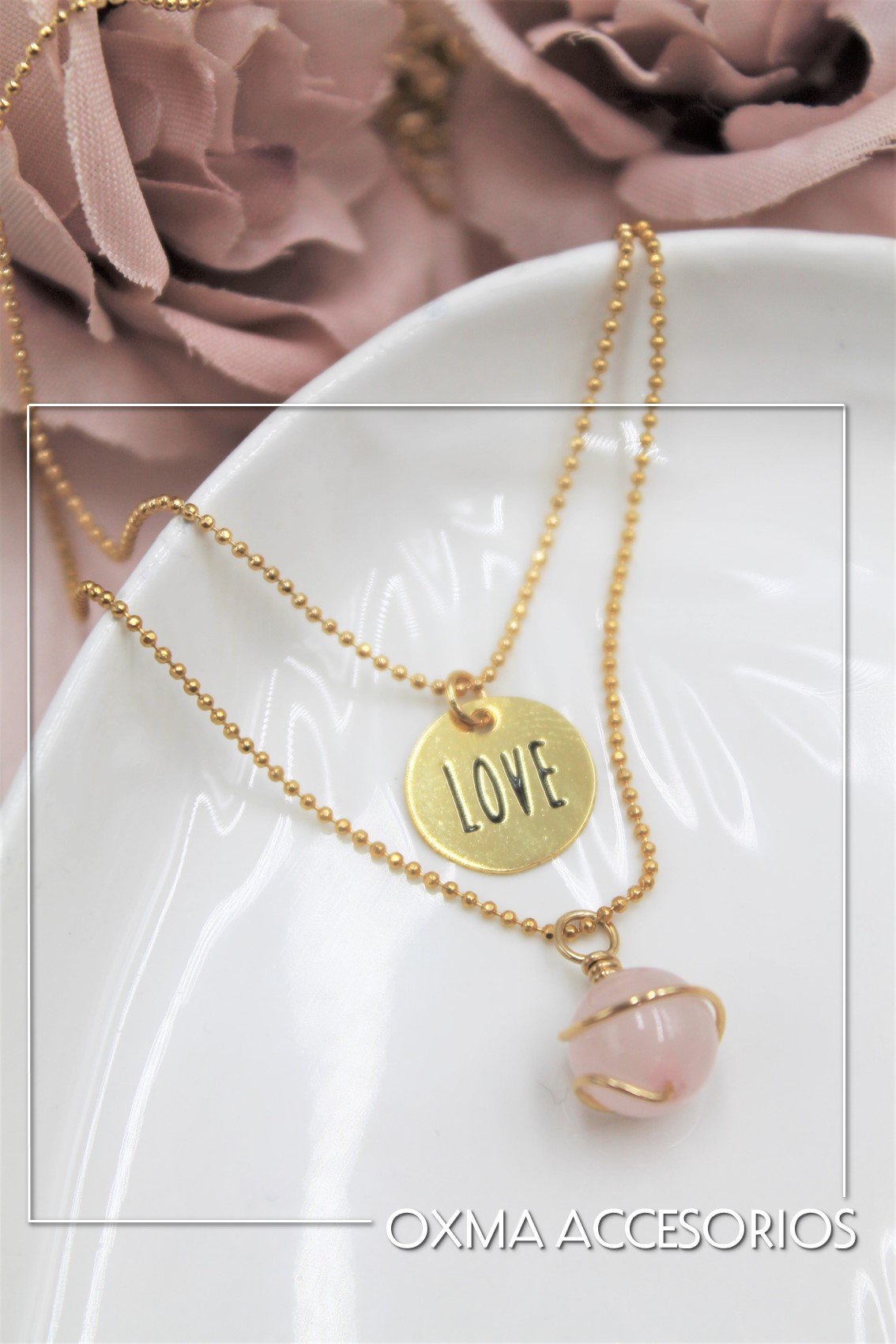 collar doble love-cuarzo rosado
