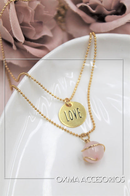 collar doble love-cuarzo rosado
