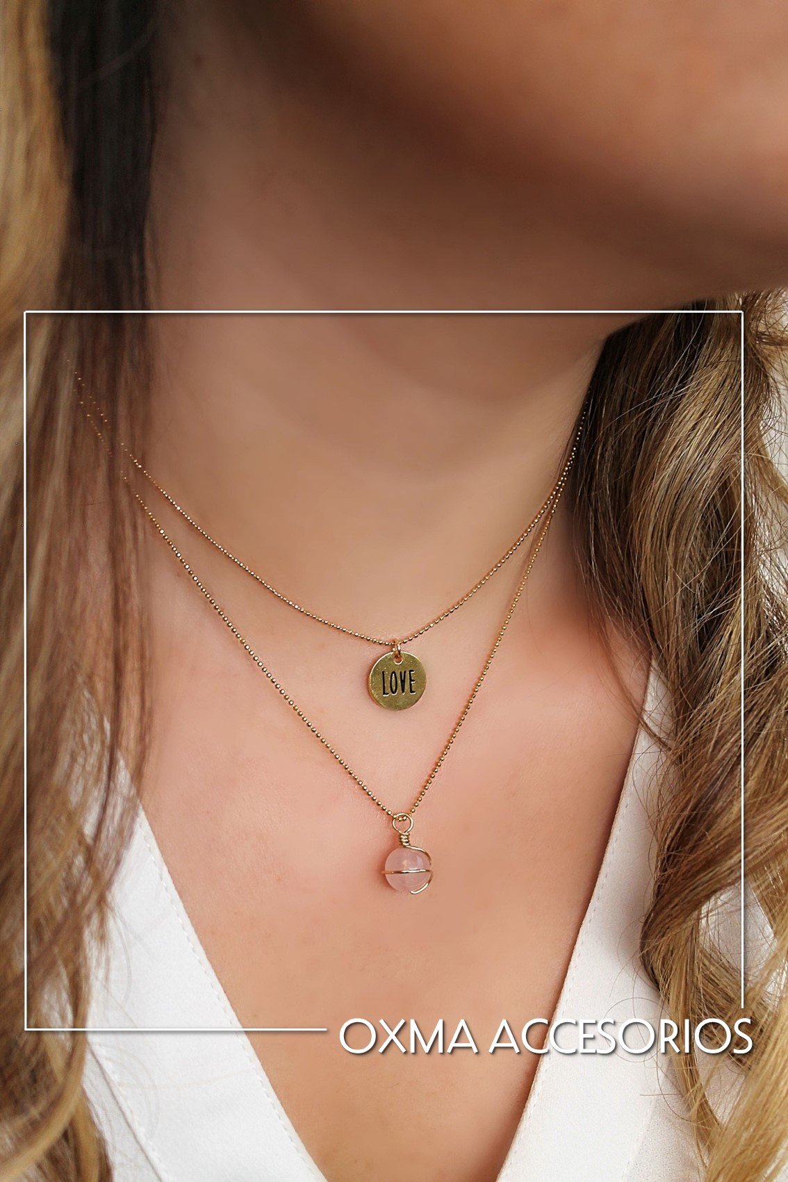 collar doble love-cuarzo rosado